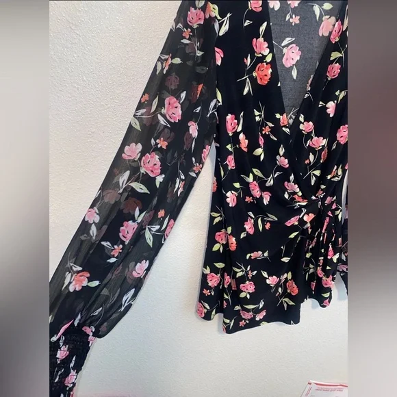 Anne Klein Floral Wrap Top Black and Pink - Picture 2 of 6